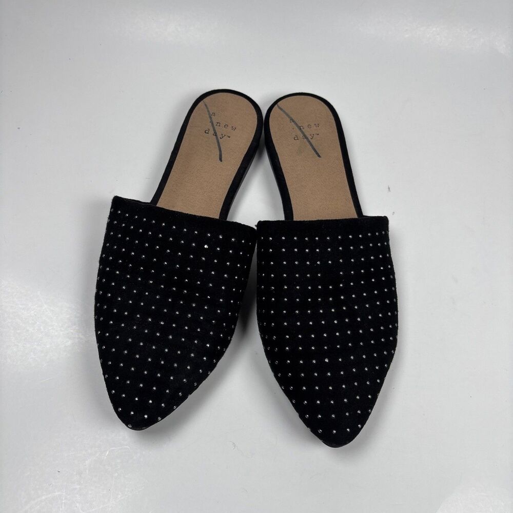 A New Day Black Studded Pointed Toe Mule Flats Women’s Slip On Shoes size 6